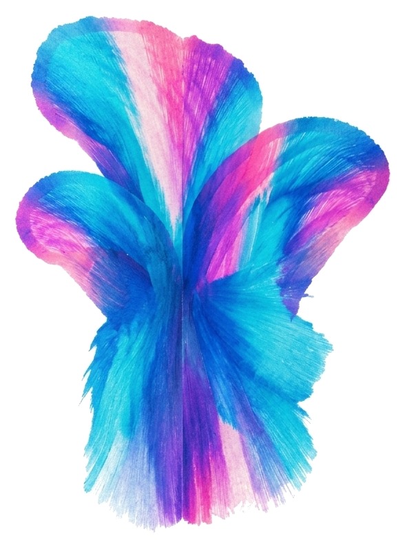 A string-pull print: blue, turquoise, pink, and violet petals pulled from the middle of the page.